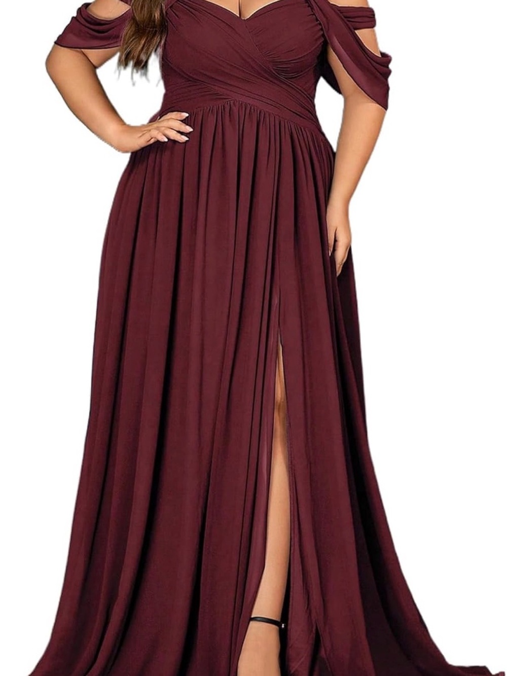 Plus Size Off-Shoulder Wine Red Evening Gown with Side Slit